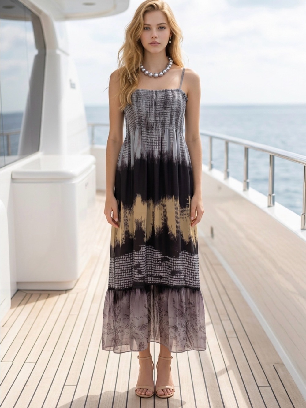 Smocked Strap Maxi Dress in Black and Beige Tie-Dye